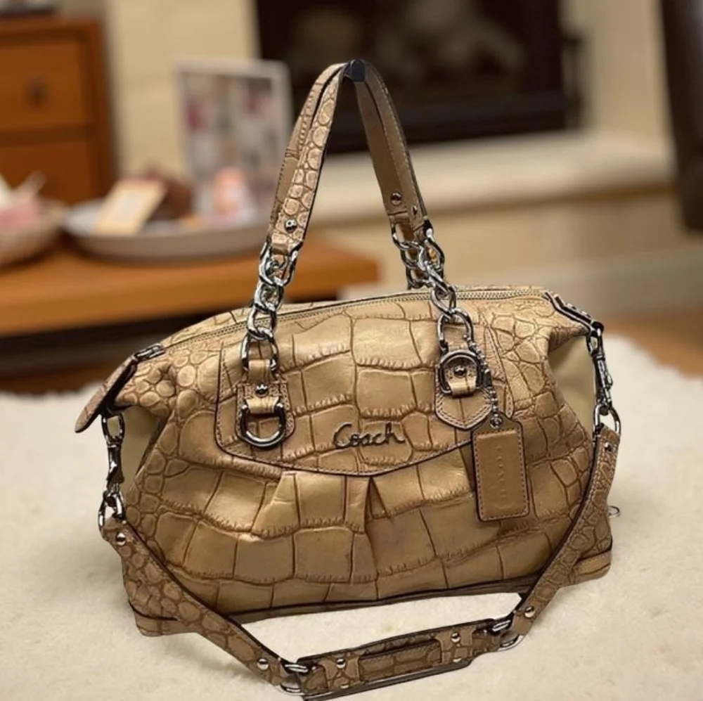 RARE COACH ASHLEY SATCHEL FAUX CROC TAN CAMEL HAND SHOULDER BAG FALL RETIRED GUC